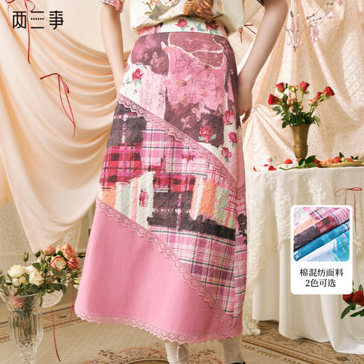 两三事半糖格子2024夏季新款复古蕾丝拼接格子印花高腰半身裙 商品图0