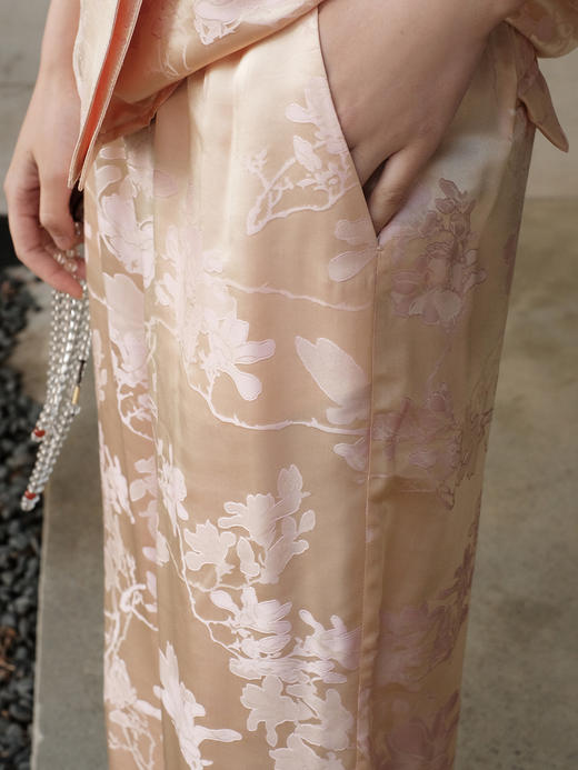 盛唐牡丹 |玉兰花纹交织真丝松紧腰女裤 商品图1