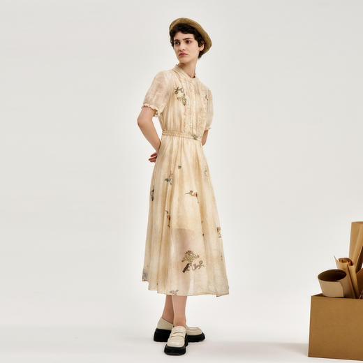 谜底印花连衣裙短袖2024秋季新品优雅气质小立领长裙243ML1080 商品图1