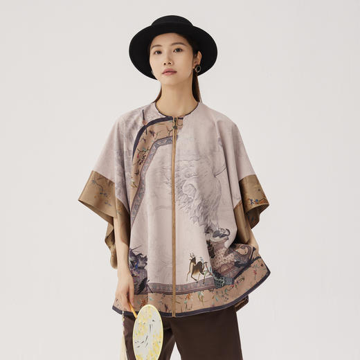 谜底斗篷式风衣女士2024秋季新品新中式大廓形印花外套243ME1208 商品图0