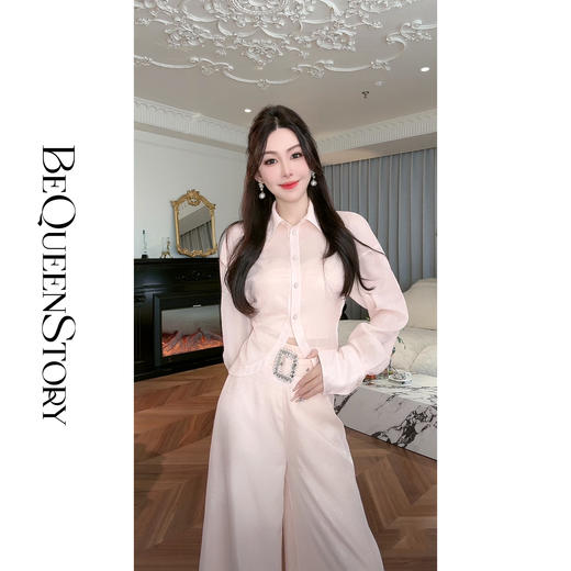 BeQueenStory【淡粉余香】优雅烫银印花定制水晶工艺显瘦松紧腰套装 商品图4