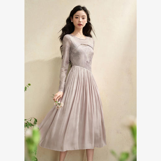 假两件设计感印花网纱拼接镂空连衣裙女轻奢温柔长裙V2942193 商品图0