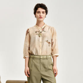 谜底湘绣印花衬衫女2024秋新品优雅气质通勤衬衣七分袖243MC1041