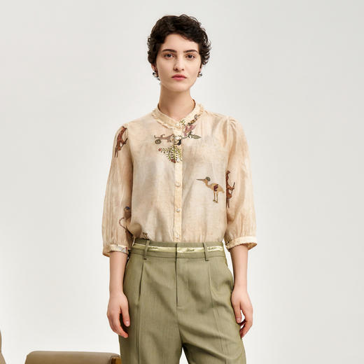 谜底湘绣印花衬衫女2024秋新品优雅气质通勤衬衣七分袖243MC1041 商品图0