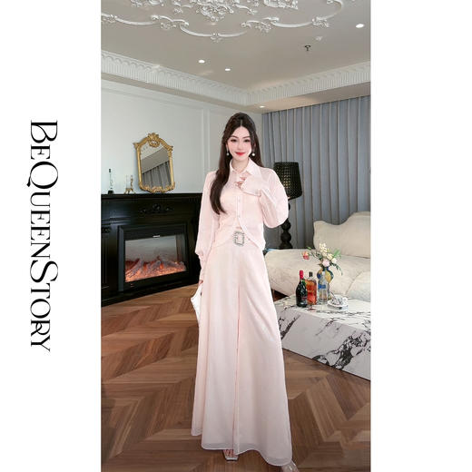 BeQueenStory【淡粉余香】优雅烫银印花定制水晶工艺显瘦松紧腰套装 商品图0