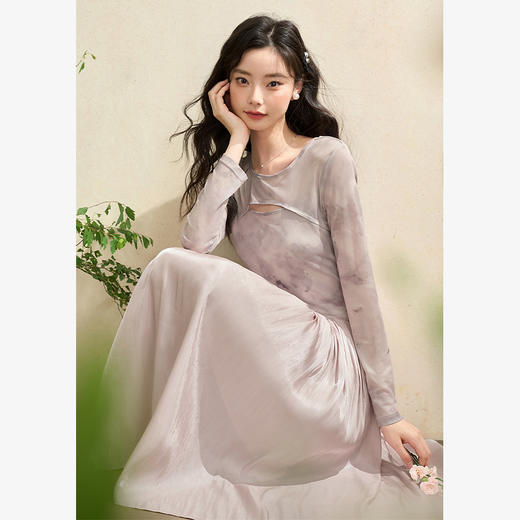 假两件设计感印花网纱拼接镂空连衣裙女轻奢温柔长裙V2942193 商品图3