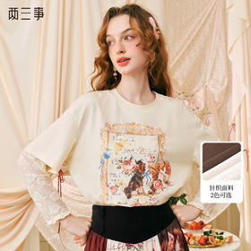 两三事复古画报2024夏季新款趣味印花网纱拼接纯棉假两件t恤女