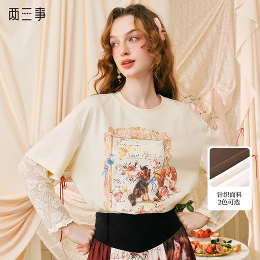 两三事复古画报2024夏季新款趣味印花网纱拼接纯棉假两件t恤女 商品图0