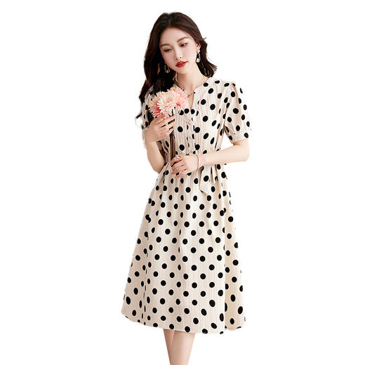 2024新款夏季短袖长款宽松系带高腰雪纺波点连衣裙 XXL6805 商品图4