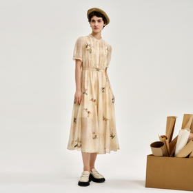 谜底印花连衣裙短袖2024秋季新品优雅气质小立领长裙243ML1080