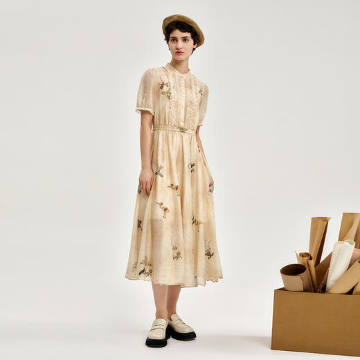 谜底印花连衣裙短袖2024秋季新品优雅气质小立领长裙243ML1080 商品图0