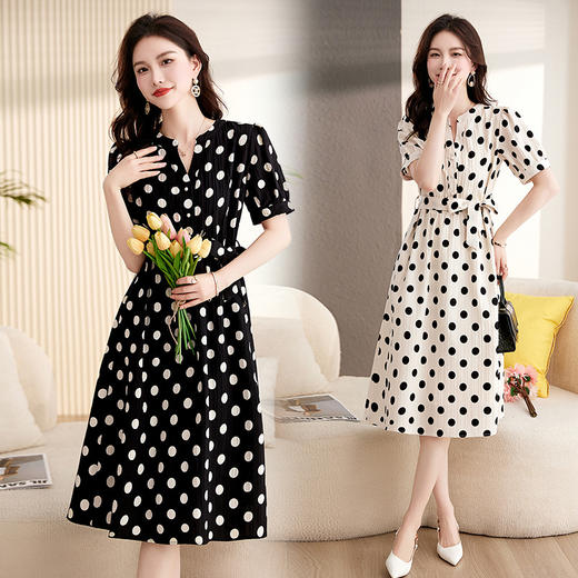 2024新款夏季短袖长款宽松系带高腰雪纺波点连衣裙 XXL6805 商品图0