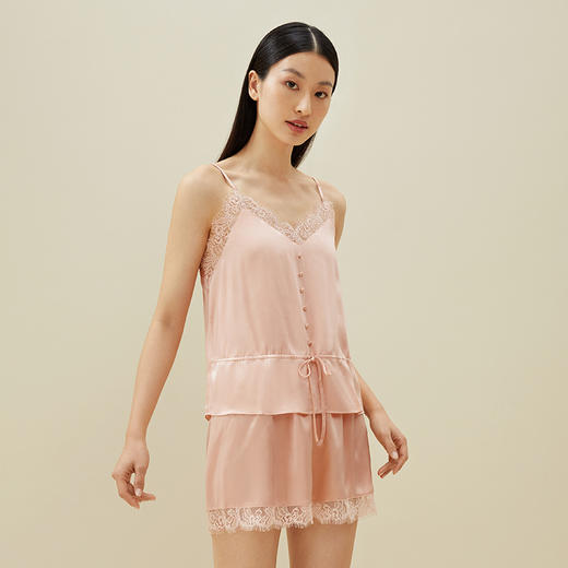 金三塔真丝吊带蕾丝短裤衣裤套100%桑蚕丝性感美背薄款睡衣女  YSFBB405 商品图1
