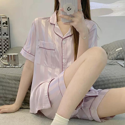 冰丝睡衣女开衫衬衫睡衣高级感法式睡衣夏季韩版短袖短裤可外穿薄款夏天家居服套装 商品图2