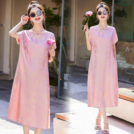 短袖新中式2024年夏季织锦缎提花圆领真口袋中长款连衣裙XYSP6016 商品图0