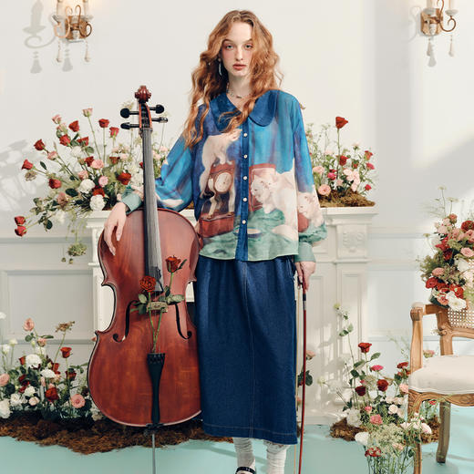 两三事游嬉人间2024夏季新款文艺风油画印花拼色灯笼袖衬衫女宽松 商品图2