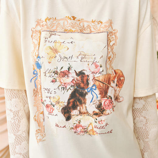 两三事复古画报2024夏季新款趣味印花网纱拼接纯棉假两件t恤女 商品图2