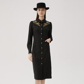 谜底刺绣连衣裙长袖女2024秋款复古文艺修身衬衫式长裙248ML8301