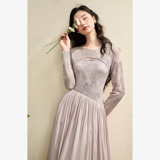 假两件设计感印花网纱拼接镂空连衣裙女轻奢温柔长裙V2942193 商品图4