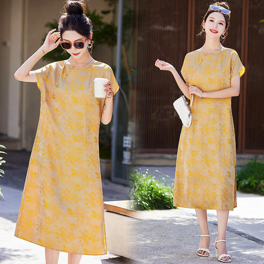 短袖新中式2024年夏季织锦缎提花圆领真口袋中长款连衣裙XYSP6016 商品图3