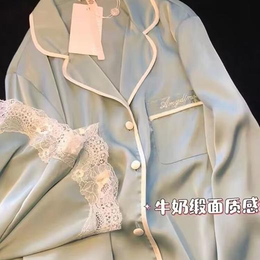 新款冰丝睡衣女 缎面丝绸蕾丝高级感春夏季潮流长袖薄款仿真丝家居服套装可外穿家居服 商品图2