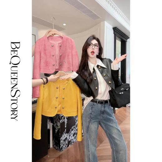 【孤品样衣，不退不换】【瑰丽晚宴】高级感双排金属扣显瘦酷飒风短款皮衣外套 商品图0