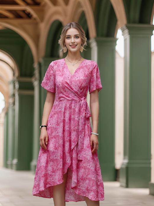 斜超捏褶荷叶摆系带连衣裙 商品图1