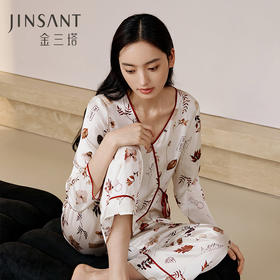 【印上秋天】100%桑蚕丝真丝睡衣女V领印花衣裤套宽松家居服金三塔  YSFEC201