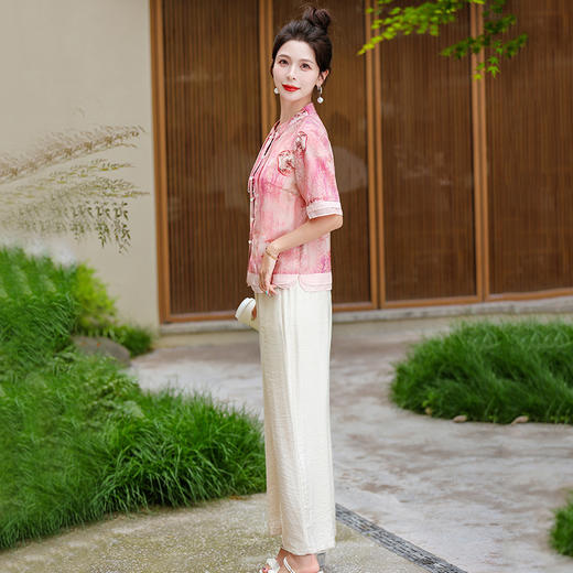 夏季薄款新中式国风印花短袖小衫直筒休闲裤两件套DDFUS24A03071 商品图1