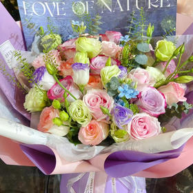 【午后的静谧花园】10朵两种粉玫瑰+6朵紫玫瑰+洋桔梗 混搭花束