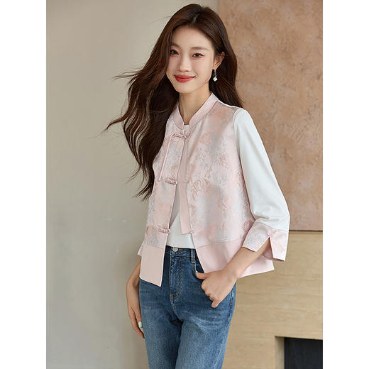 【专属特价】熙世界新中式织锦长袖T恤2025初秋新款轻国风复古白色体恤上衣 商品图2