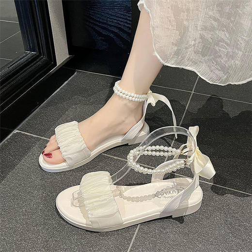 【超仙❗️法式珍珠网纱凉鞋】舒适又柔软， 如同踩在云端般的触感，wu敌好穿❗️女夏季2025年新款平底蝴蝶结仙女罗马沙滩鞋ins 商品图0
