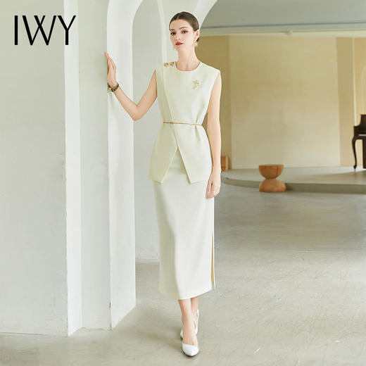 IWY/夏季新品米白色无袖西装上衣长裙套装裙轻奢干练女神范职业装CS2004 商品图0