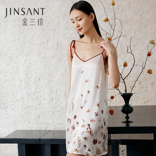 【印上秋天】100%桑蚕丝吊带睡裙V领蝴蝶肩带印花真丝睡衣女金三塔  YSFEC302 商品图0
