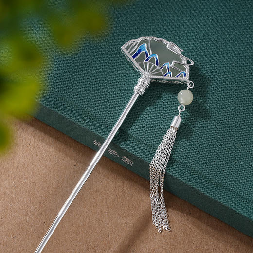 子佩集S925银【寒山烟云】发簪【WSJ0170】纯银发簪扇子扇形2407 商品图1