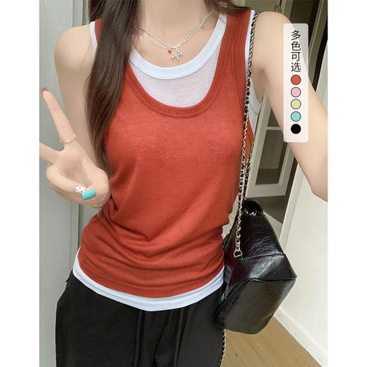 西遇S辣妹假两件背心T恤女夏季新款早秋红色纯欲轻熟风上衣SS140121 商品图0