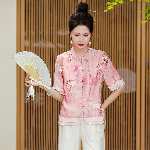 夏季薄款新中式国风印花短袖小衫直筒休闲裤两件套DDFUS24A03071 商品图2
