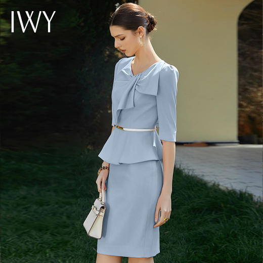 IWY/时尚工作服假两件显瘦荷叶边西装连衣裙中袖职业装ol修身Q929-L 商品图3