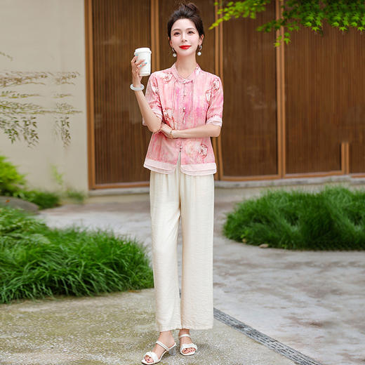 夏季薄款新中式国风印花短袖小衫直筒休闲裤两件套DDFUS24A03071 商品图4