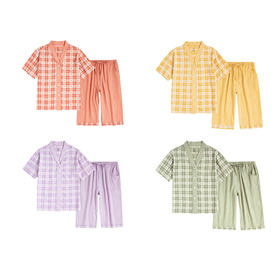 纯棉短袖家居服女春夏薄款双层纱格子过膝七分裤睡衣套装
