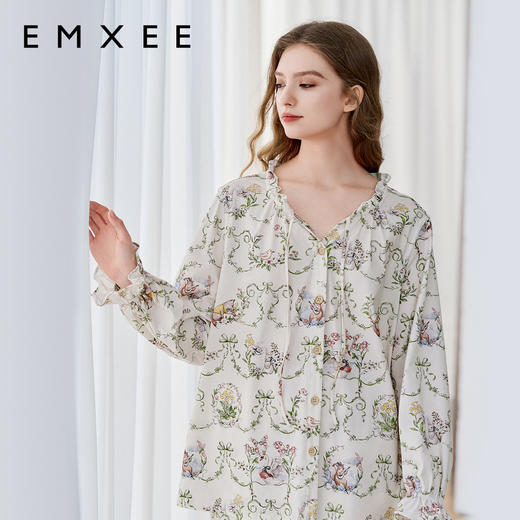 【家居服专场】 嫚熙夏季弹力丝麻棉女士睡衣长袖女款天鹅舞曲家居服套装2024新款 商品图4