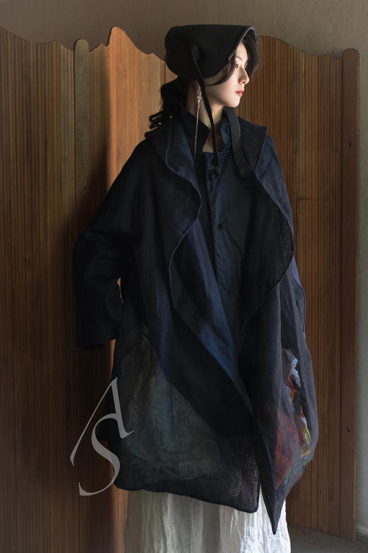 Daniela Gregis  午夜蓝披肩领棉麻拼接长外套 商品图0