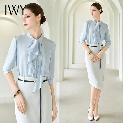 IWY/蓝色法式飘带领短袖衬衫通勤干练轻奢时尚轻薄百搭职业装B513-L 商品图1