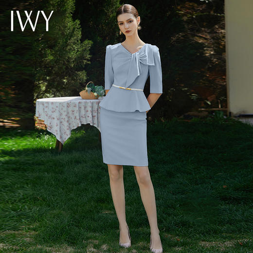IWY/时尚工作服假两件显瘦荷叶边西装连衣裙中袖职业装ol修身Q929-L 商品图1