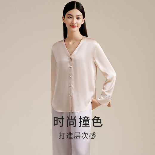 金三塔新中式真丝睡衣女重磅桑蚕丝撞色温婉盘扣长袖长裤家居服女（限价款）  YSFEC210 商品图1