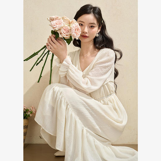 温柔白月光肌理花边长袖连衣裙女V领收腰A摆连衣裙V2942239 商品图2