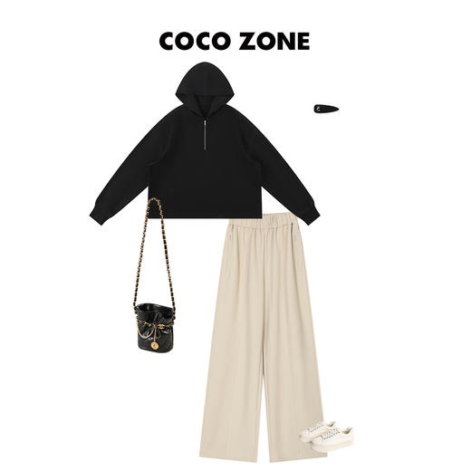 COCO ZONE100%棉纯色休闲裤松紧腰长裤隐形拉链23C19114 商品图4
