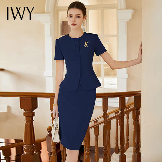 IWY/夏季新款藏蓝色短袖连衣裙夏气质时尚通勤干练假两件职业装CS2026 商品图2