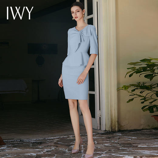 IWY/时尚工作服假两件显瘦荷叶边西装连衣裙中袖职业装ol修身Q929-L 商品图2