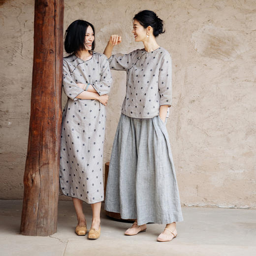 绽放427-429朵/新中式衬衫&连衣裙色织亚麻波点国风斜襟盘扣小衫 商品图2